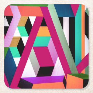 Geometric Block Art Bright Colourful Trendy Square Paper Coaster