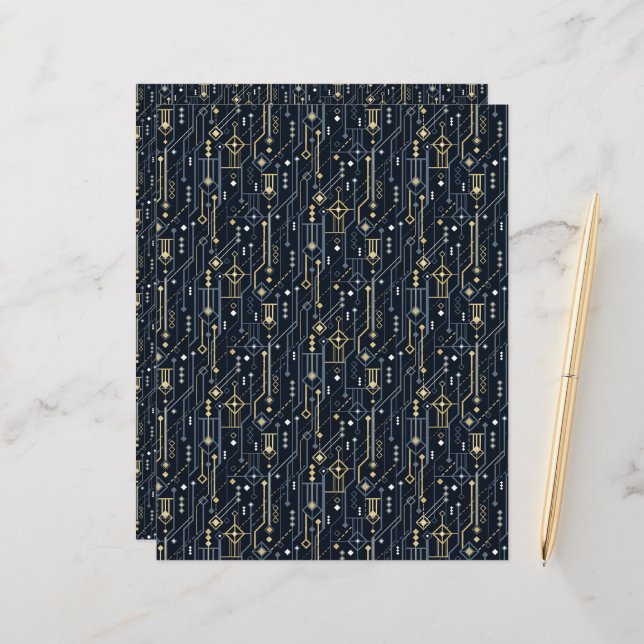 Geometric Blue and Gold Art Deco Scrapbook Paper (Front/Back In Situ)