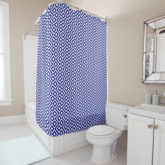 Geometric Blue and White Meander Shower Curtain (In Situ)