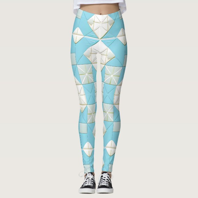 Geometric Blue and White Pattern Leggings (Front)
