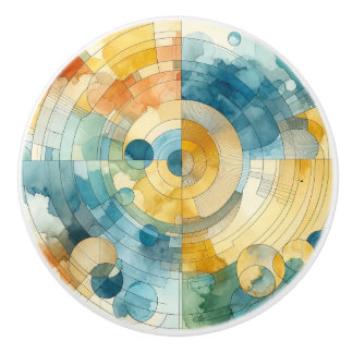 Geometric Blue and Yellow Watercolor Abstract Ceramic Knob
