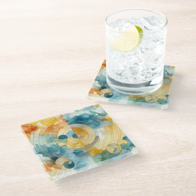 Geometric Blue and Yellow Watercolor Abstract Glass Coaster (Angled)
