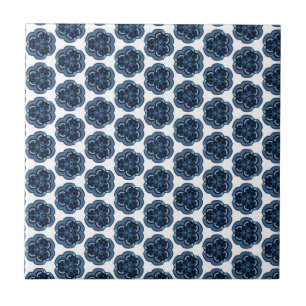 Geometric Blue Flowers Ceramic Tile