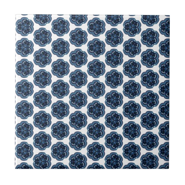 Geometric Blue Flowers Ceramic Tile (Front)