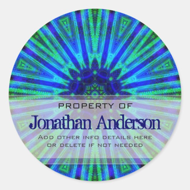 Geometric Blue Green Flower Bookplate Sticker (Front)