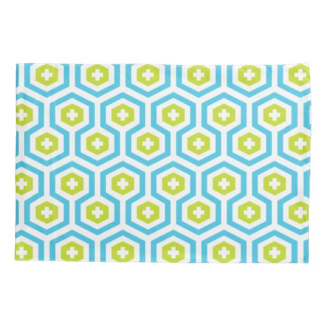 Geometric Blue Green Hexagon & Cross Pattern Pillowcase (Back)