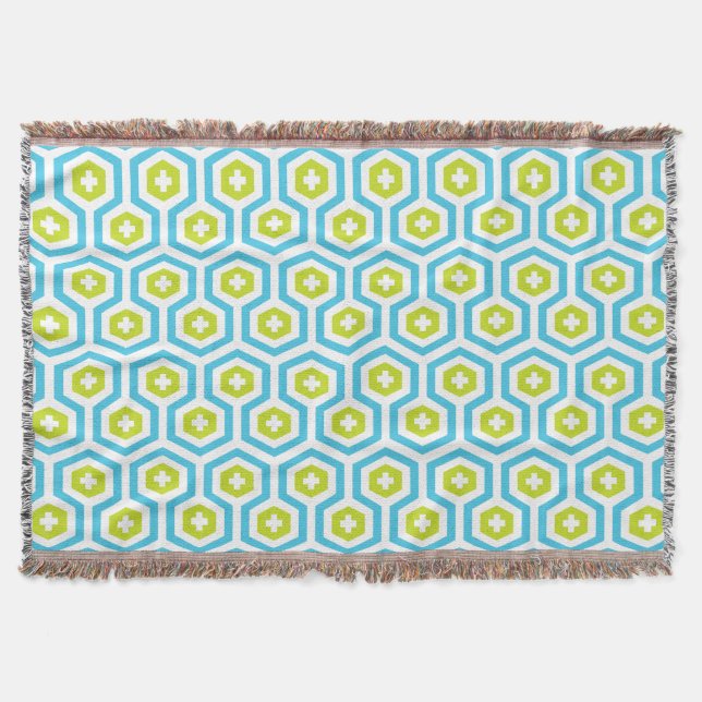 Geometric Blue Green Hexagon & Cross Pattern Throw Blanket (Front)