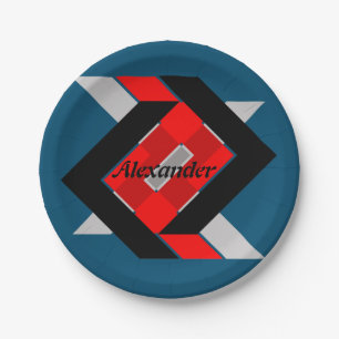Geometric blue grey red black personalised simply paper plate