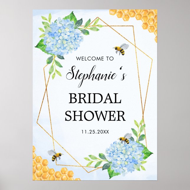 Geometric Blue Hydrangea Honey Bee Bridal Shower Poster (Front)