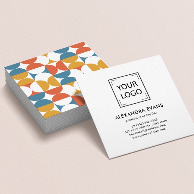 Geometric blue orange yellow MID CENTURY logo Square Business Card (RETRO SEVENTIES SIXTIES HALF CIRCLE SCALLOP GEOMETRIC ORANGE BLUE YELLOW PATTERN LOGO)