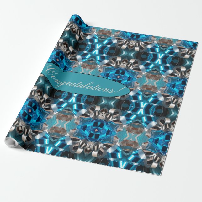 Geometric Blue Silver Grey Ribbon Pattern Add Text Wrapping Paper (Unrolled)