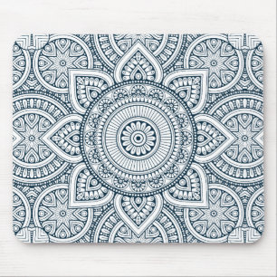 Geometric blue white floral mandala mouse pad