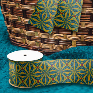 Geometric Blue & Yellow Star Vintage Tribal Ethnic Satin Ribbon