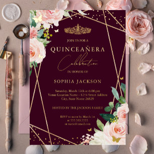 Geometric Blush Burgundy Gold Floral Quinceanera