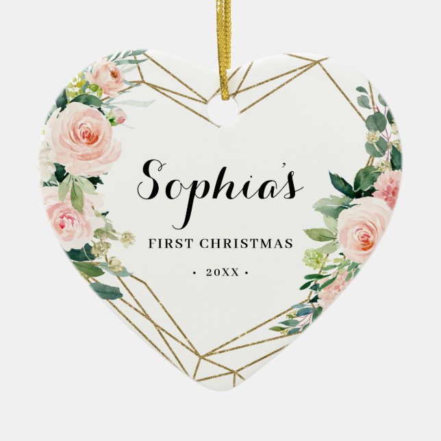 Geometric Blush Floral Baby's First Christmas Ceramic Ornament (Front)