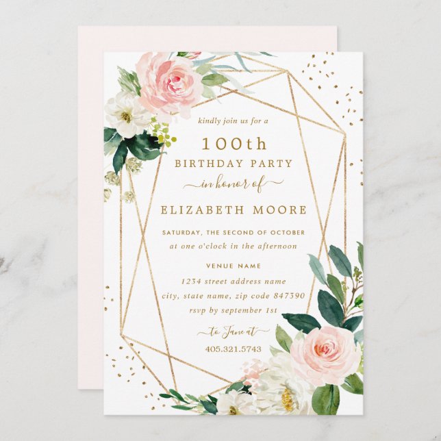 Geometric Blush Gold Floral 100th Birthday Invite (Front/Back)