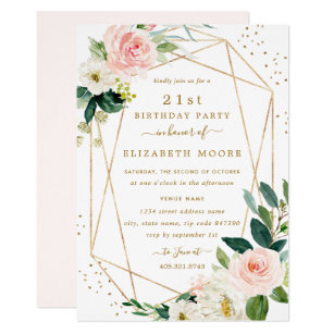 Geometric Blush Gold Floral 21st Birthday Invite