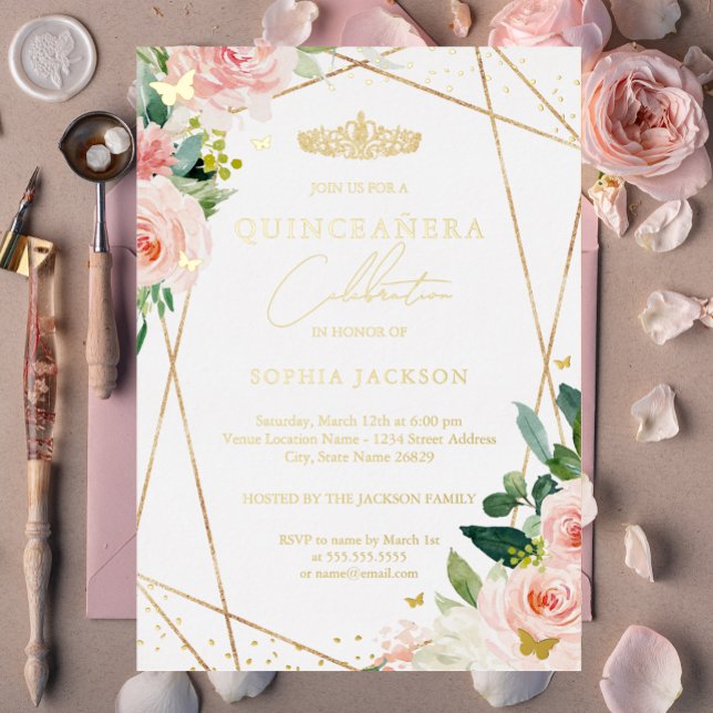 Geometric Blush Gold Floral Quinceanera  (Creator Uploaded)