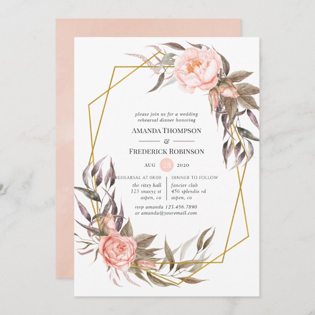 Geometric Blush & Gold Floral Rehearsal Dinner Invitation (Front/Back)
