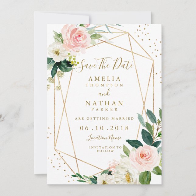 Geometric Blush Gold Floral Save The Date Invite (Front)