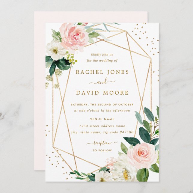 Geometric Blush Gold Floral Wedding Invitation (Front/Back)