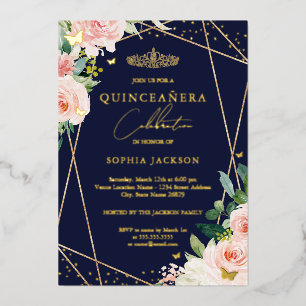 Geometric Blush Navy Floral Photo Quinceanera 