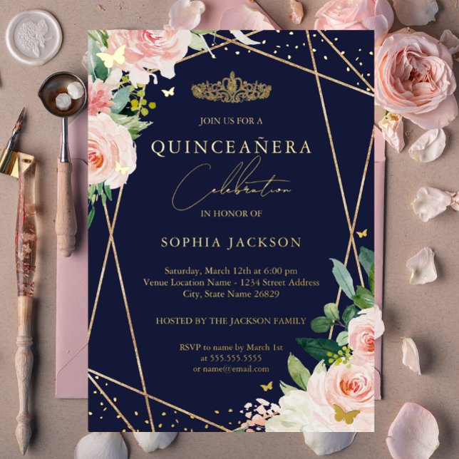 Geometric Blush Navy Gold Floral Quinceanera (Creator Uploaded)