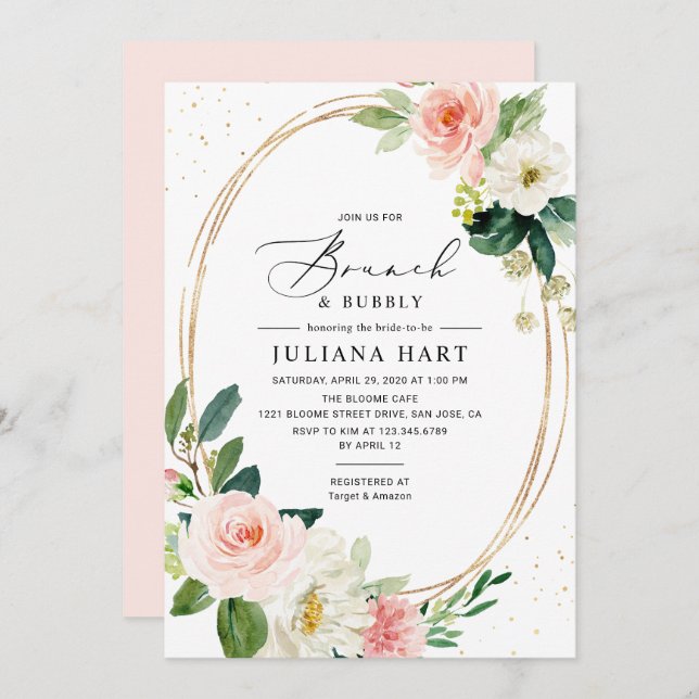 Geometric Blush Pink Floral Brunch & Bubbly Shower Invitation (Front/Back)