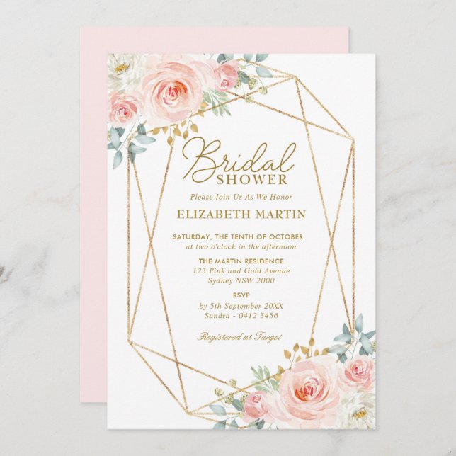 Geometric Blush Pink Gold Floral Bridal Shower Invitation (Front/Back)