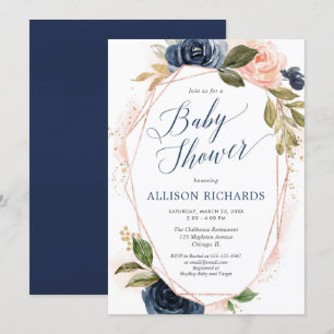 Geometric blush pink rose gold navy baby shower invitation