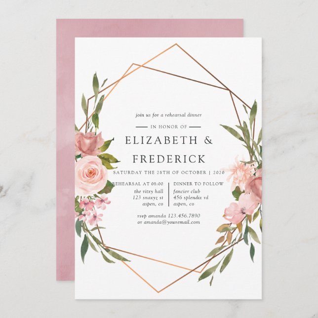 Geometric Blush Pink & Rose Gold Rehearsal Dinner Invitation (Front/Back)