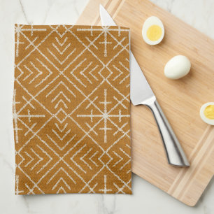 Geometric Bohemian Linework, Cream on Orange Tea Towel