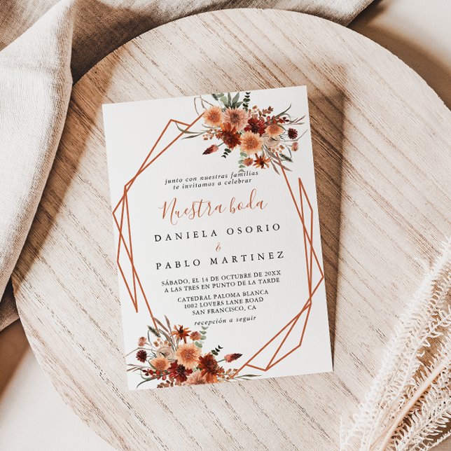 Geometric Boho Autumn Floral Nuestra Boda Wedding Invitation (Creator Uploaded)