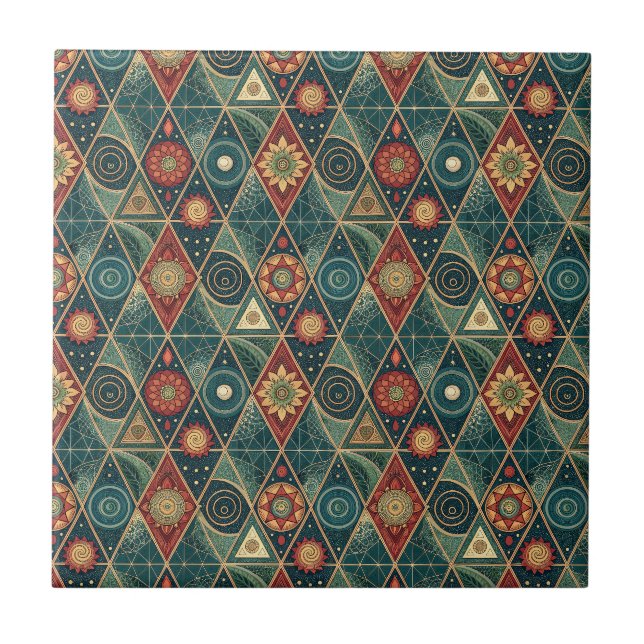 Geometric Boho Mandala Triangle Design Pattern Art Ceramic Tile (Front)