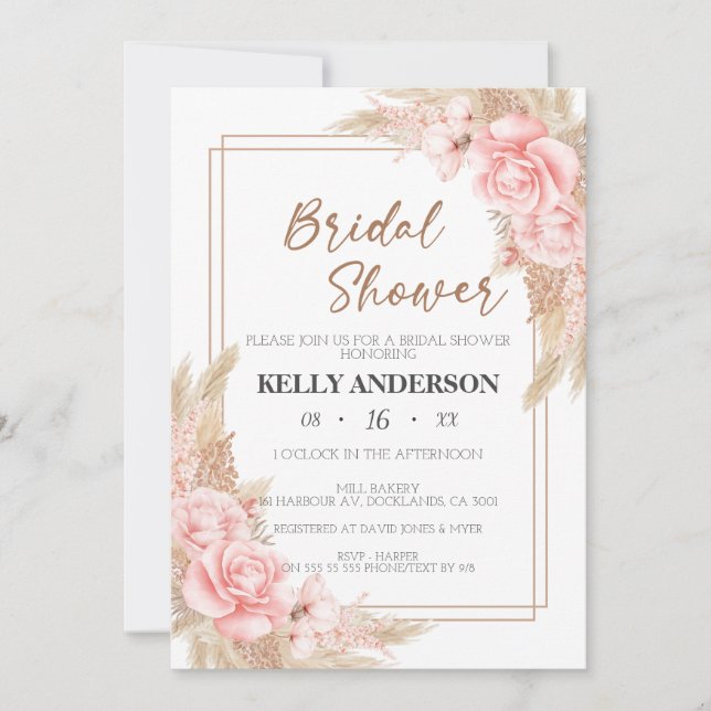 Geometric Boho Pampas Rose Gold Bridal Shower Invitation (Front)