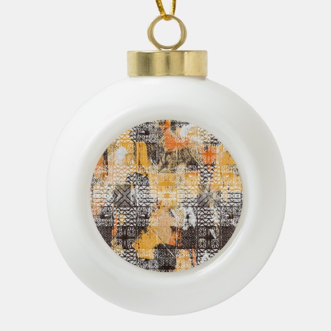 Geometric Boho Tribal Distressed Pattern Ceramic Ball Christmas Ornament (Front)