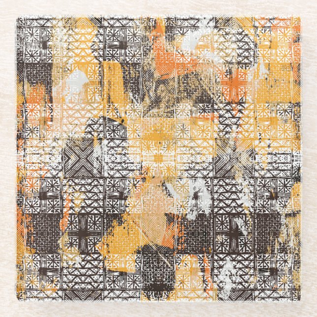 Geometric Boho Tribal Distressed Pattern Glass Coaster (Front)
