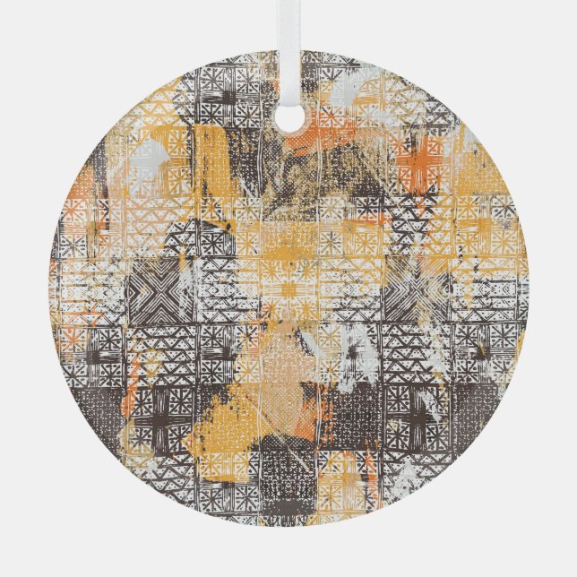 Geometric Boho Tribal Distressed Pattern Glass Tree Decoration (Front)