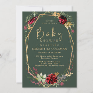 Geometric Boho Wildflower Dark Green Baby Shower Invitation