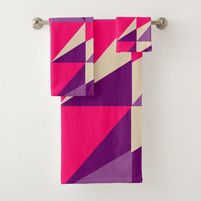 Geometric Bold Pink & Purple Pattern Bath Towel Set (Insitu)