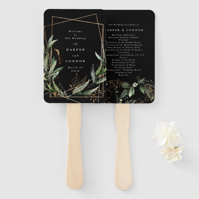 Geometric Botanical Eucalyptus Black Premium Hand Fan (Front and Back)