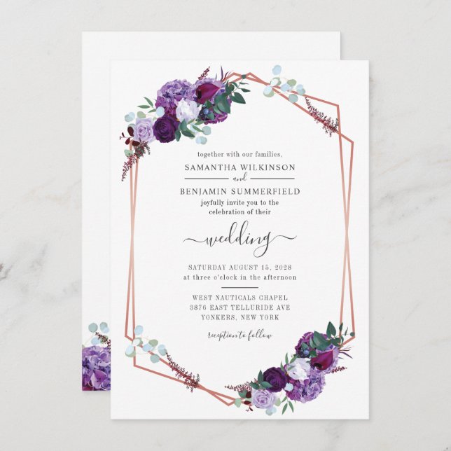 Geometric Botanical Floral Purple Greenery Wedding Invitation (Front/Back)