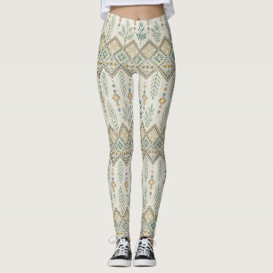 Geometric Botanical Folk Art Seamless Pattern Leggings