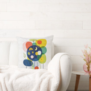 Geometric Botanical Moon Star Abstract Folk Art Cushion