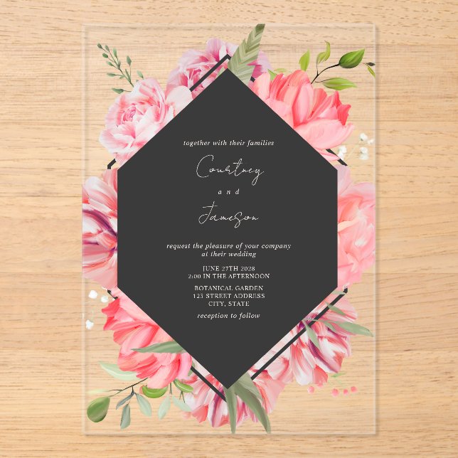 Geometric Botanical Pink Floral Wedding Invitation (Front)