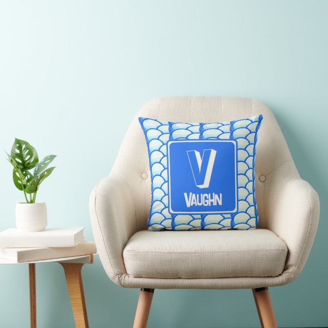 Geometric Bright Blue Monogram Name Initial Cushion (Chair)
