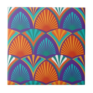 Geometric bright pattern with palm leaves, flowers ceramic tile