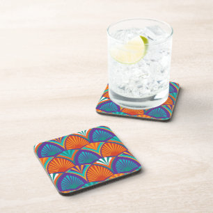 Geometric bright pattern with palm leaves, flowers coaster