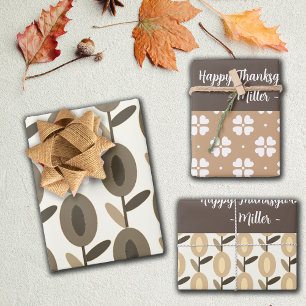 Geometric Brown Florals Custom Name Wrapping Paper Sheet