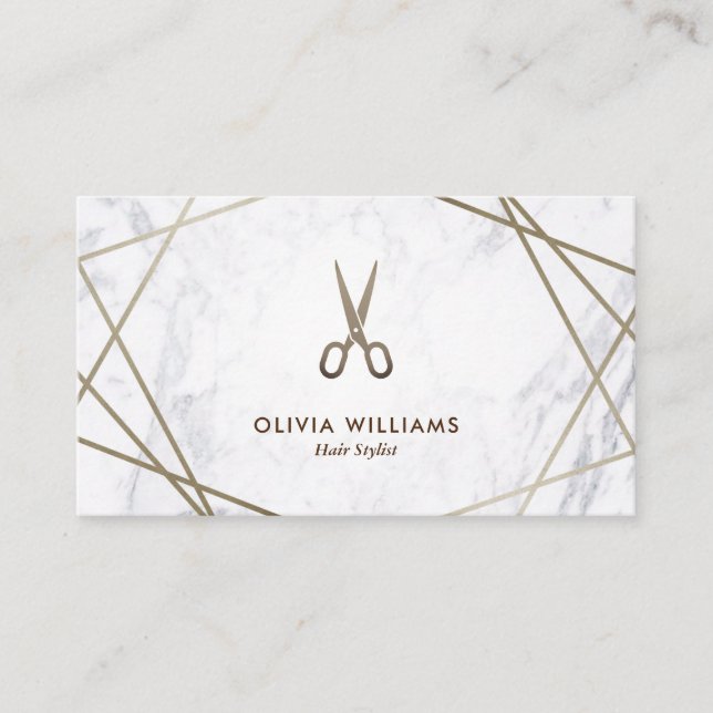 Geometric Brown Gold Scissors Marble Hair Stylist Business Card (Front)